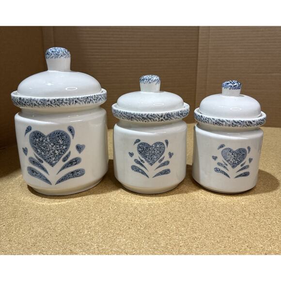 VTG Ceramic Canister Set of 3 – Blue Heart Folk Art Spongeware - Gibson - Picture 1 of 4